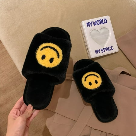 

PIKADINGNIS Winter New Kawaii Cartoon Ladies House Fur Slippers Open-Toe Bedroom Cute Smiley Pattern Home Women Fluffy Slippers Slides
