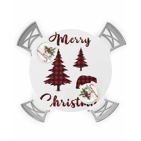 

Round Tablecloth with Elastic Merry Christmas Christmas Tree Bear Buffalo Plaid Red Black Waterproof Table Cover Wipeable Fitted Table Cloths for 36 -44 Round Tables Dining Kitchen