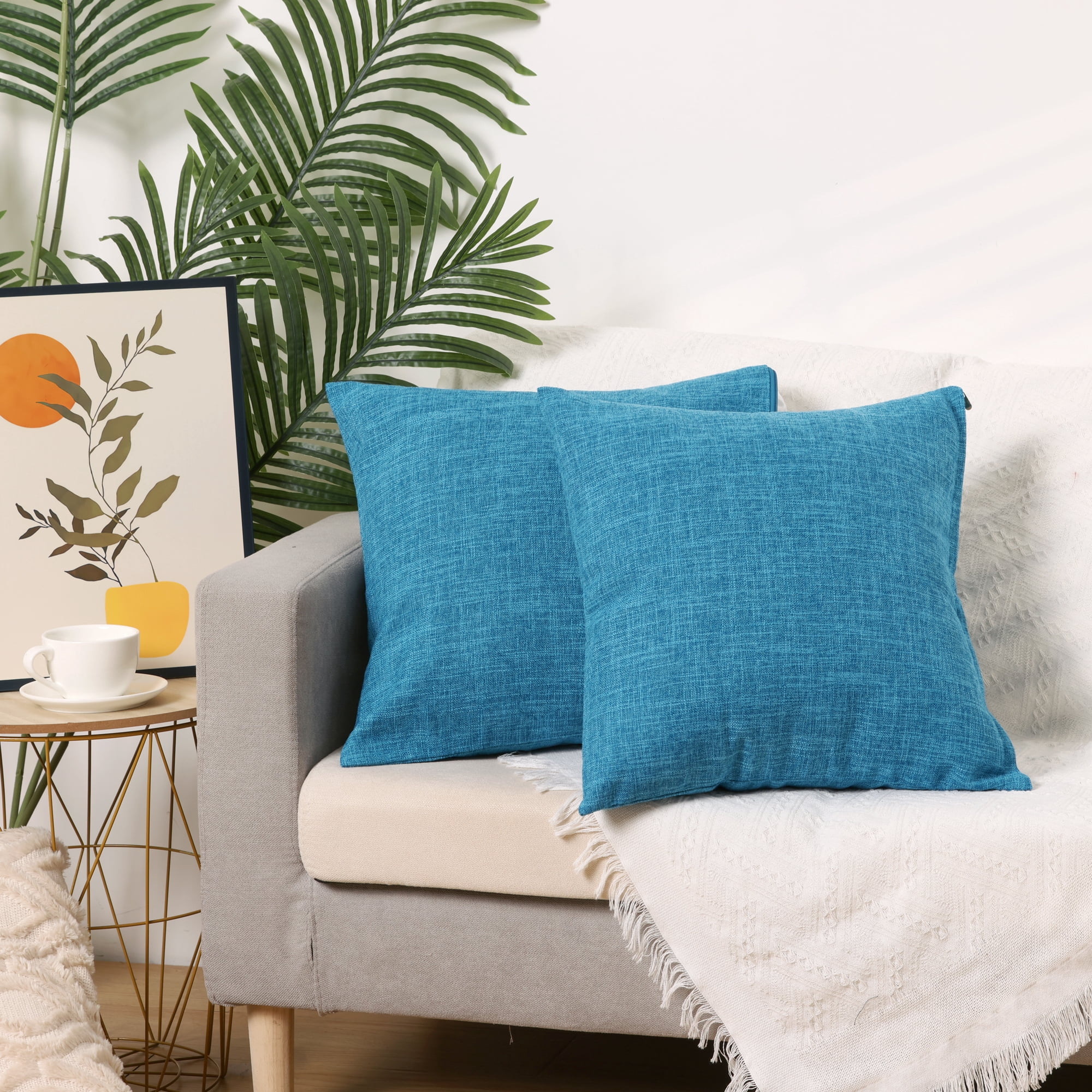 Unique Bargains Solid Indoor Outdoor Linen Decorative Throw Pillow Cover (2 Count) Blue 16" x 16"