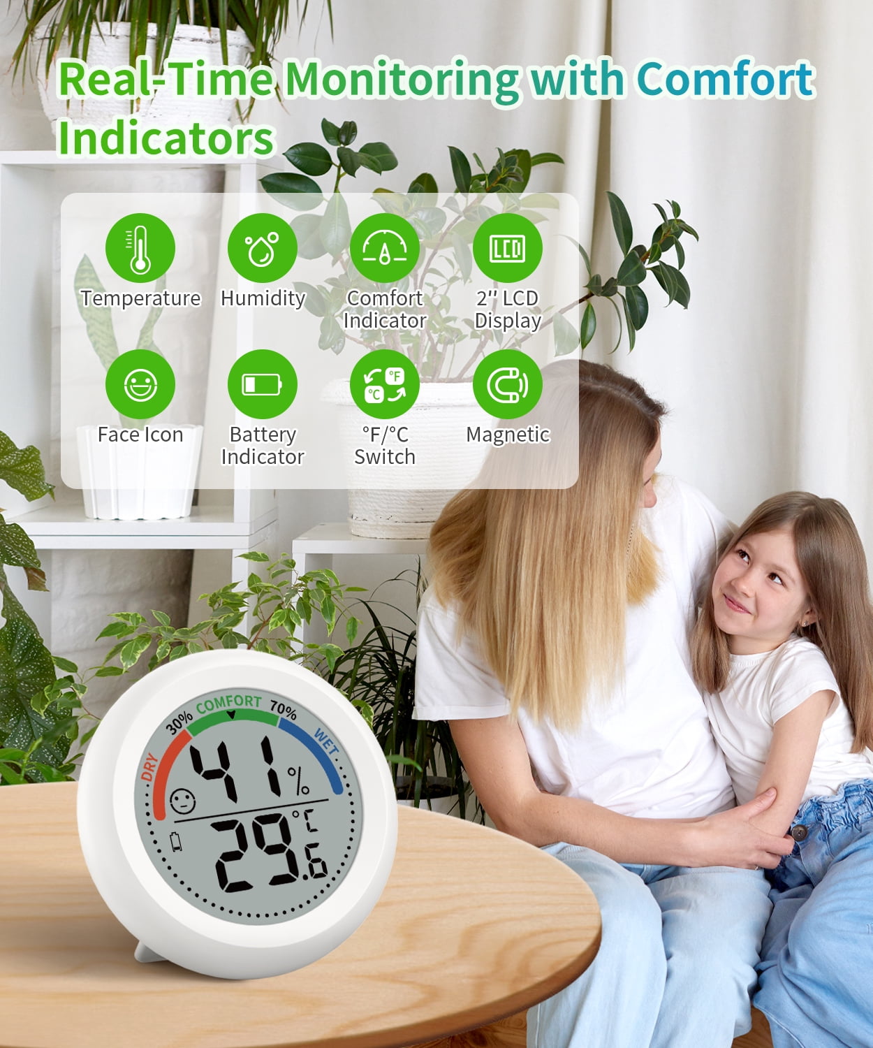 VOCOO Round Digital Thermometer and Hygrometer | Temperature Humidity Gauge with Comfort Level Indicator | Easy-Read LCD Screen for Home, Greenhouse, Office