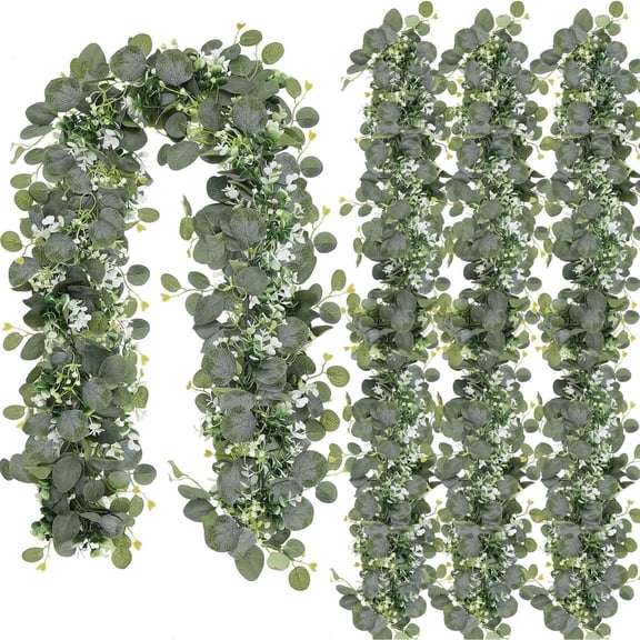 simeccom 3 Packs Artificial Eucalyptus Garland with Flowers, 5.9ft Faux Greenery Garland Vines for Table Wedding Backdrop Arch Wall Party Mantle Festival Decor