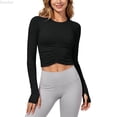 thumbnail image 5 of DuoJiaJ Womens Long Sleeve Crop Top, Crew Neck Ruched Stretchy Yoga Athletic Black L, 5 of 5
