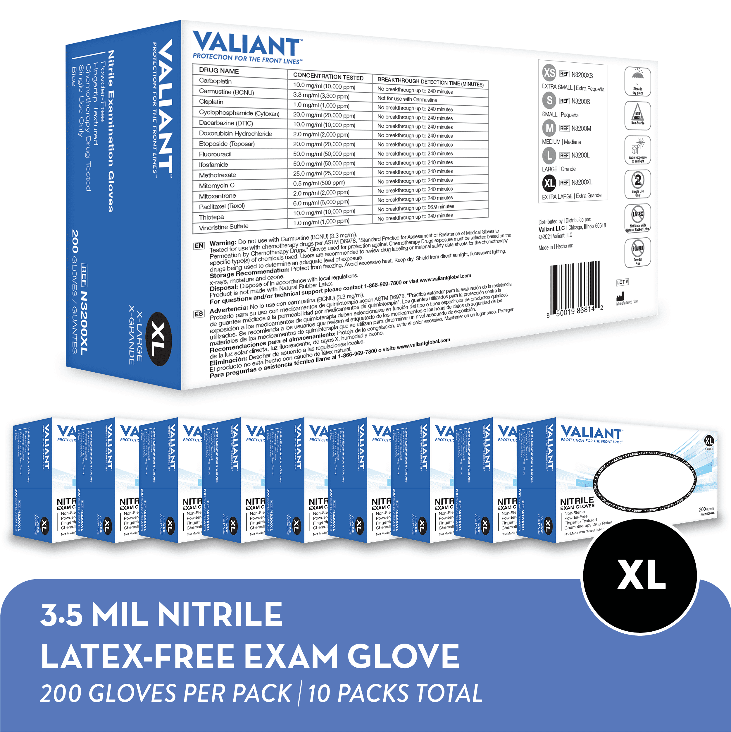 Valiant N3200 Nitrile Exam Gloves, Single Use Only, Fingertip Textured, Cornflower Blue, Extra Large, 200 Per Box, 10 Boxes