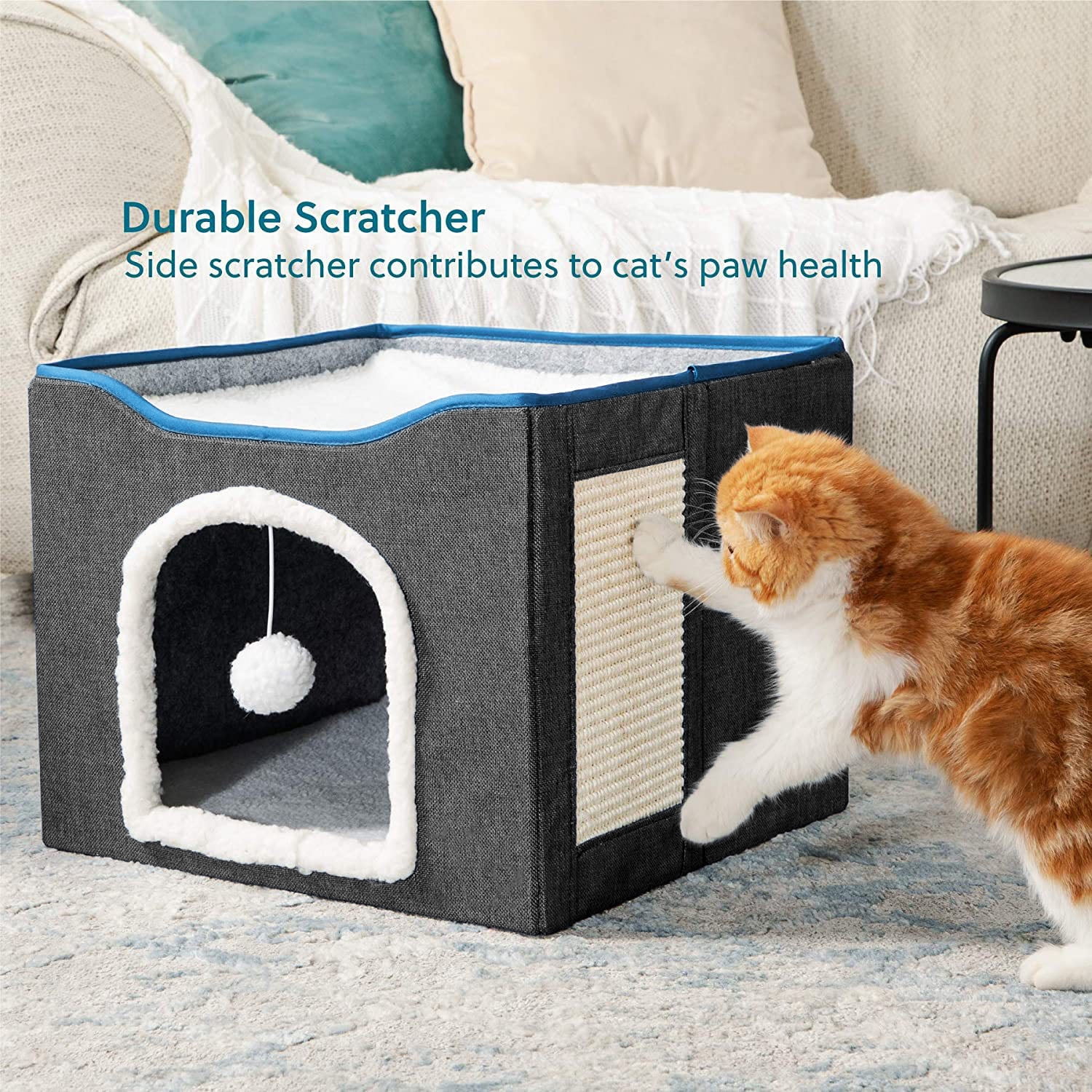 Behome Cat Bed, Cat Cave with Fluffy Ball and Scratch Pad, Foldable Cat Condo Hideaway with Reversible Cushion for Multi Small Pet, Dark Grey