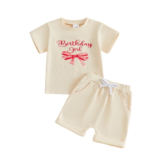BemeyourBBs Toddler Baby Girls Birthday Outfits 1 2 3 4 Years Old Birthday Summer Clothes Short Sleeve Letters Bow Print T Shirt Tops and Elastic Waist Pockets Shorts Set