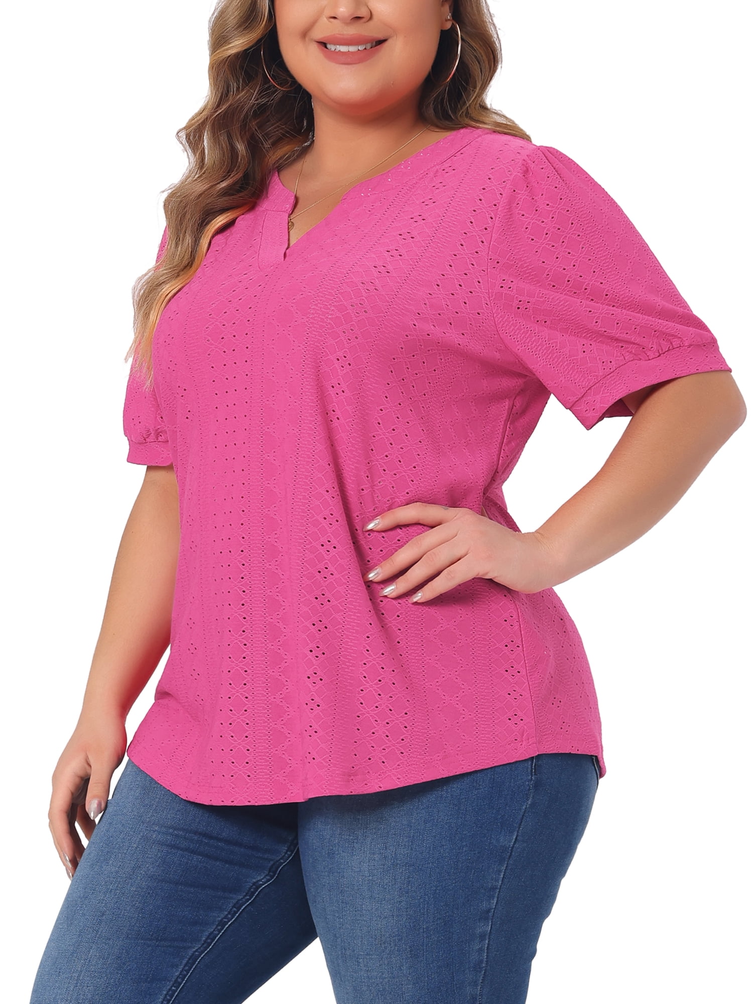 Women's Plus Tops Hollow Casual V Neck Short Sleeve Summer Blouse Shirts 3X Hot Pink