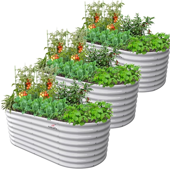 ANLEOLIFE 3 PACK 6x3x2 ft Galvanized Raised Garden Beds Outdoor, Oval Large Metal Deep Root Planter Box for Planting Vegetables Flowers Herb, Anti-Rust, Antique White