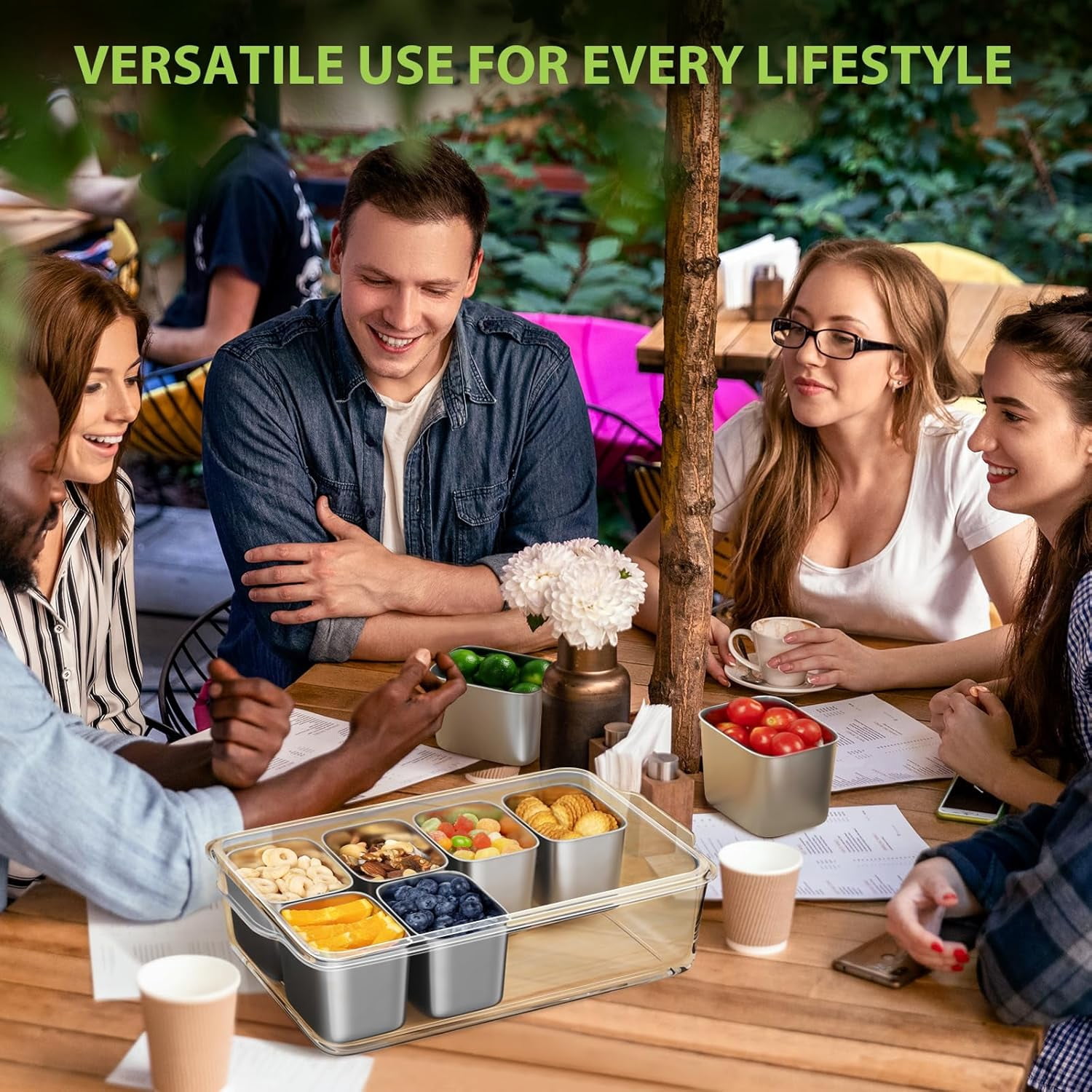 Snackle Box Container 2Pcs, Cuopluber Stainless Steel Divided Serving Tray with Lid and Handle, 8 Compartment Portable Snack Platters, Clear Storage Organizer for Fruit Candy Nuts Veggie