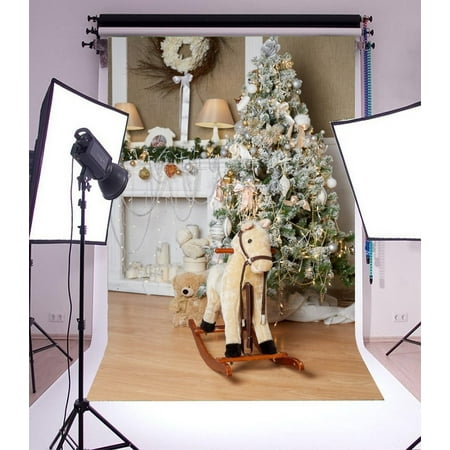 Image of MOHome 5x7ft Christmas Photography Backdrop Tree Interior Decorations Hobbyhorse Bear Dolls White Garland Scene Photo Background Children Baby Adults Portraits Backdrop