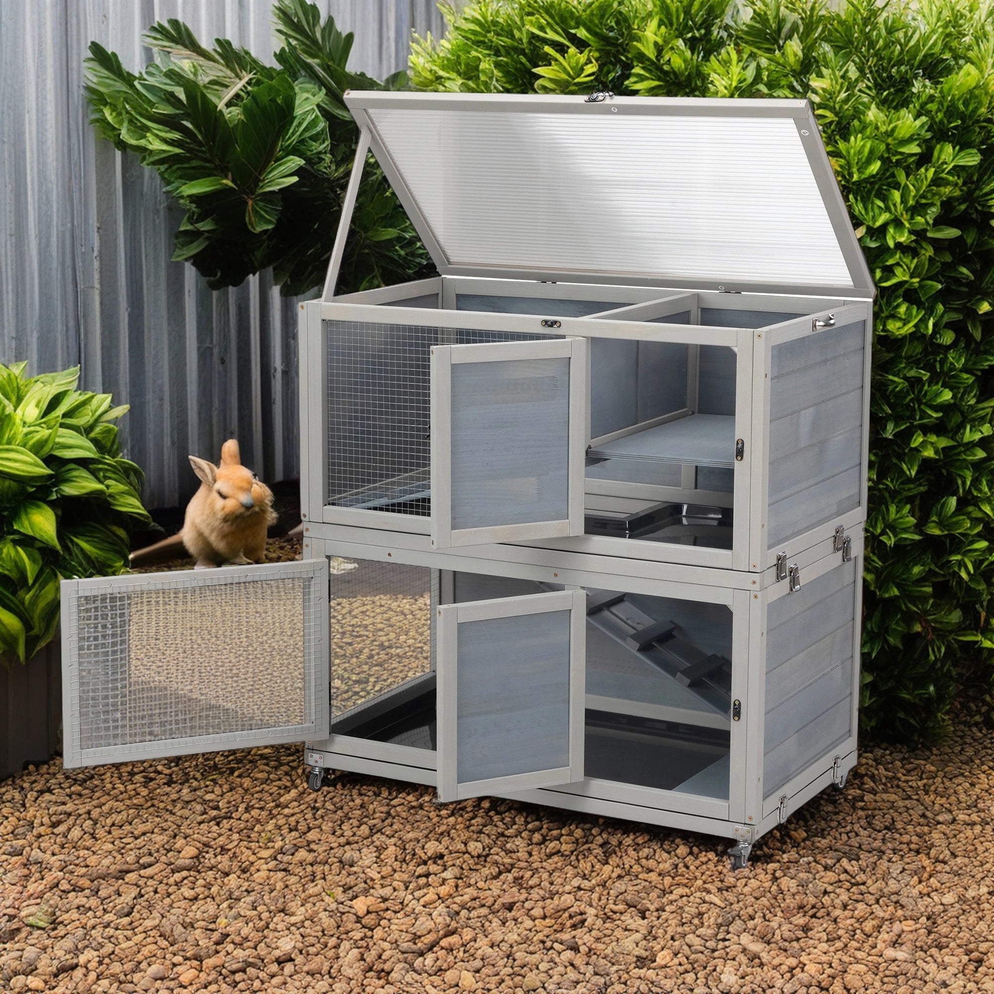 Pefilos 36" Wooden 2-Tier Rabbit Hutch, Outdoor Bunny Cage with Wheels, Small Animal Pet Cage with Ramp, Tray, 2 Doors, Openable Top, Lockable, Gray