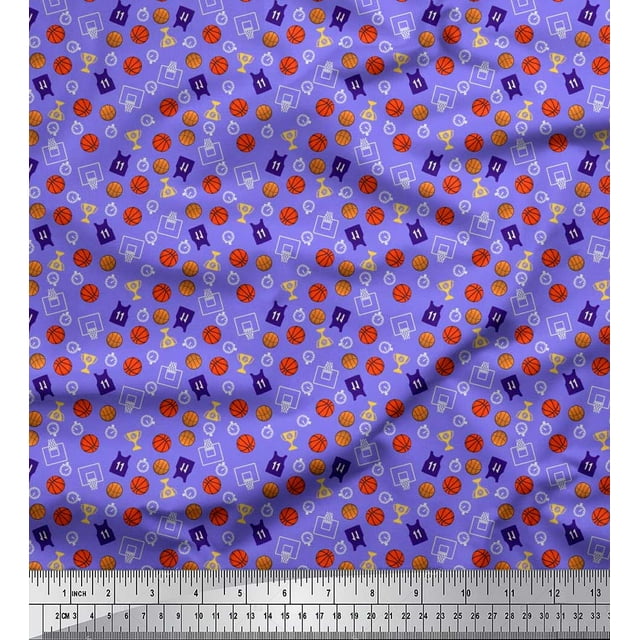 Soimoi Poly Georgette Fabric Trophy,Timer Clock & Basketball Sports Fabric Prints by Yard 52 Inch Wide
