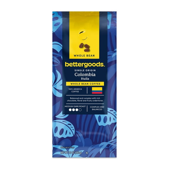 bettergoods Single Origin Colombia Huila Whole Bean Coffee, Medium Dark Roast, 10 oz