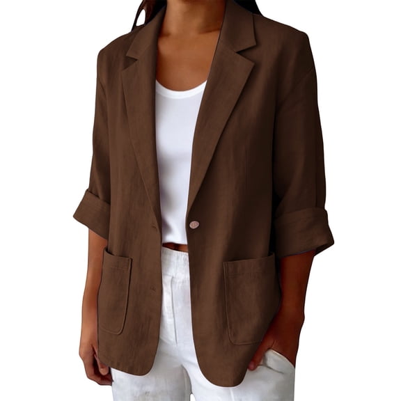 LEKODE Women Cotton Linen Single Button Blazer, Notched Lapel 3/4 Cuffed Roll Sleeve Loose Casual Suit Jacket with Dual Front Storage Pockets Brown L
