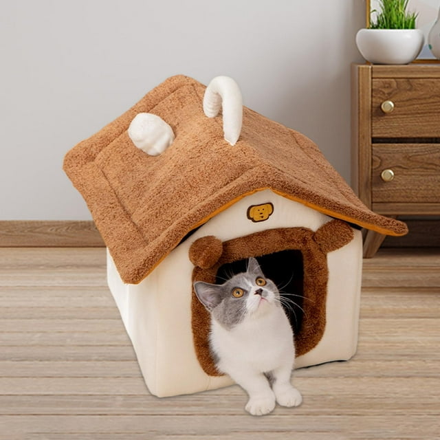 Casa para gatos, cama portátil para mascotas, cómoda perrera, accesorios para mascotas, cueva para gatitos, casa para perros, cabaña escondida, cama Marrón