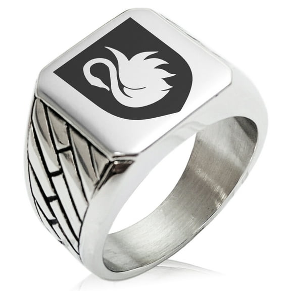 Stainless Steel Swan Harmony Coat of Arms Shield Geometric Pattern Biker Style Polished Ring