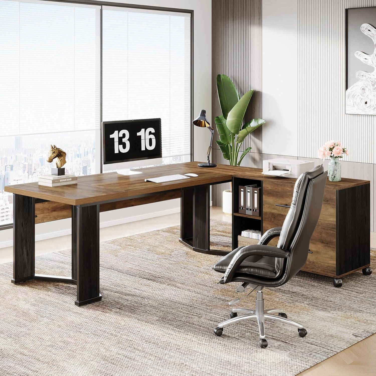 Tribesigns 70.86" Executive Desk with Mobile File Cabinet, Large L Shaped Computer Office Desk with 2 Drawers and Storage Shelves, Business Furniture Desk Workstation for Home Office, Brown