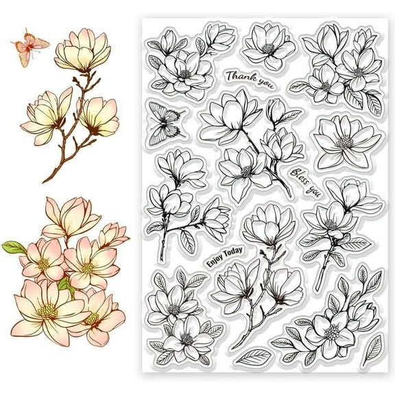 Magnolia Flower Clear Stamps Plants Transparent Silicone Stamps for Crafting Card Album Decoration Embossed Paper Crafts Production DIY Scrapbook Card Making8.3x5.8 Inch Colorful