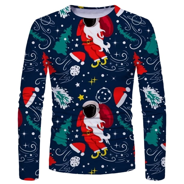 Blusa informal de manga larga con cuello redondo y estampado navideño para hombre Pompotops oipoqjl2431