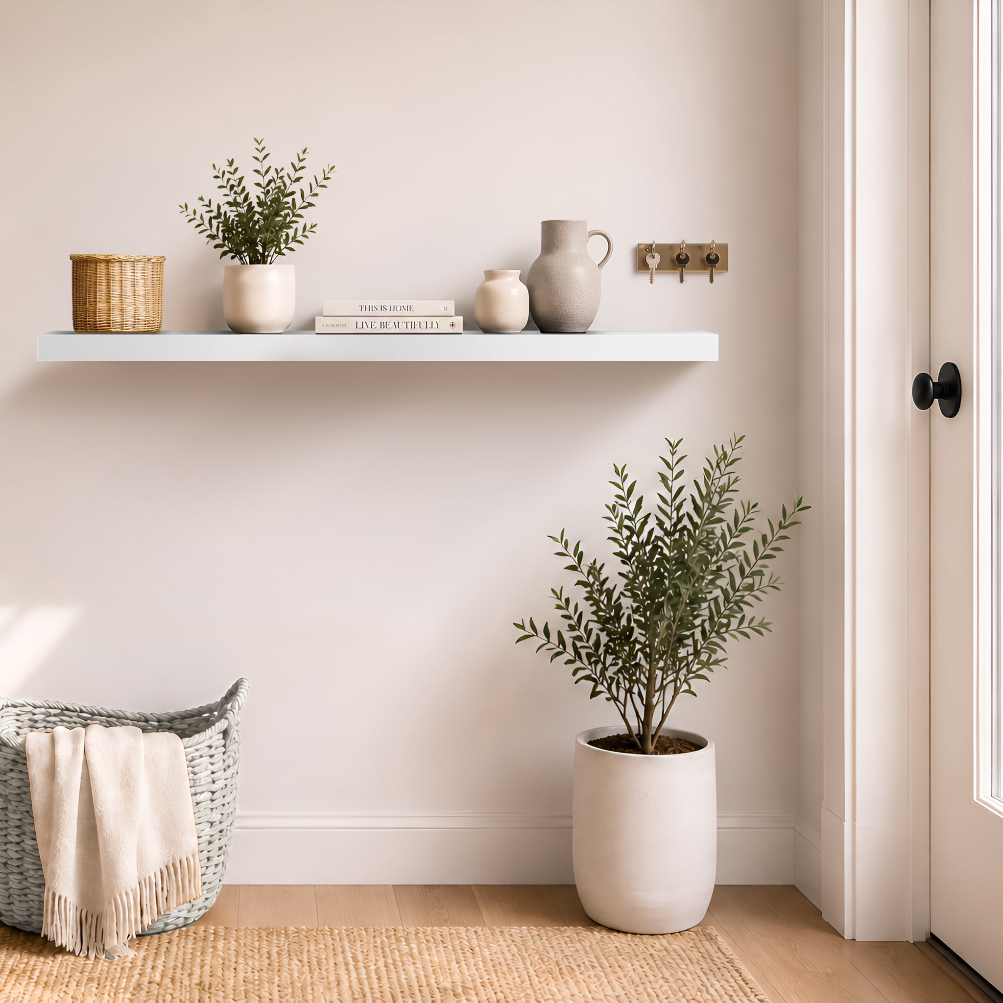 Sorbus 55" Floating Wall Shelf, White, Invisible Brackets, Bathroom, Bedroom & Home Decor