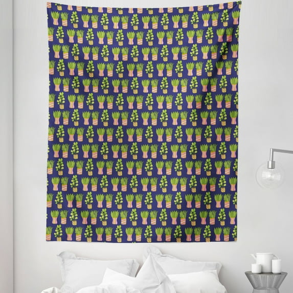 Leaves Tapestry, Home Plants in Wavy and Dotted Pots Pop Art Pattern on Quartz Background, Fabric Wall Hanging Decor for Bedroom Living Room Dorm, 5 Sizes, Lime Green Pale Pink, by Ambesonne