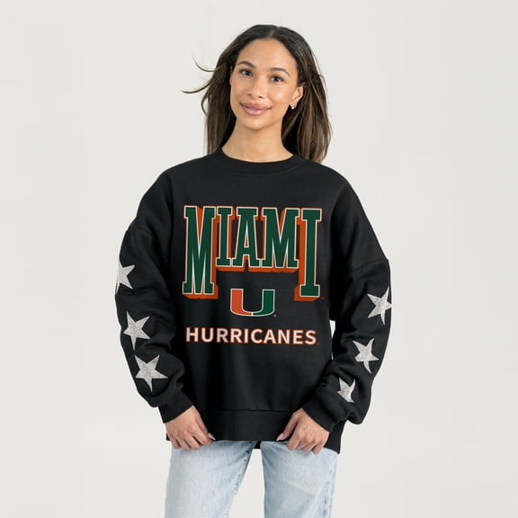 Women's Gameday Couture  Black Miami Hurricanes Pure Victory Relaxed Rhinestone Pullover Sweatshirt