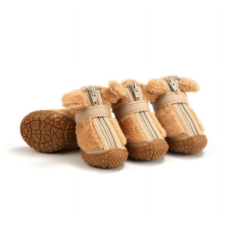4PCS Dog Snow Boots for Small Medium Dogs Warm Plush Boots Paw Protector Winter Dog Shoes with Adjustable Strip Antislip Sole (Brown S---2)