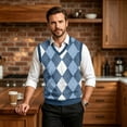 thumbnail image 6 of Dwellite Mens Plaid Sweater Vest Casual Sleeveless Knit Pullover V Neck Business Office Fall Winter Sweaters Light Blue 5XL, 6 of 7