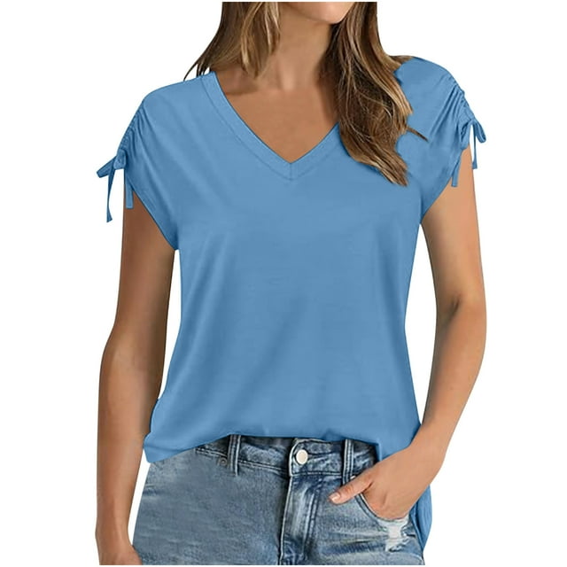 RKSTN Womens Tops 2024 Fashion Solid Color Short Sleeve V Neck Tops Drawstrings Summer Trendy Fashion Versatile Tops