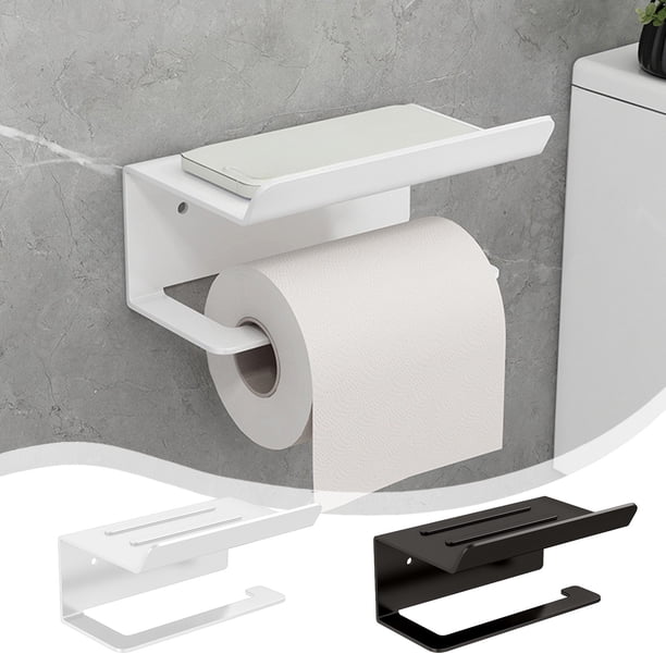 Soporte de papel higiénico Estante de aleación de aluminio | Dispensador de pañuelos de papel de montaje en pared sin perforación con estante de almacenamiento de teléfono grande | Organizador de