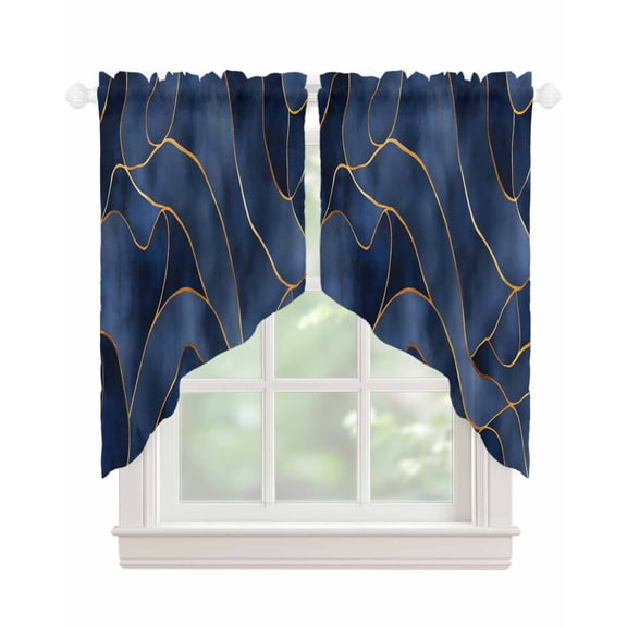 Navy Blue Marble Swag Valances for Windows, Modern Golden Geometric Abstract Rod Pocket Sheer Valances for Small Windows, Swag Toppers Light Filtering for Kitchen Living Room 2 Panels 36''x36''