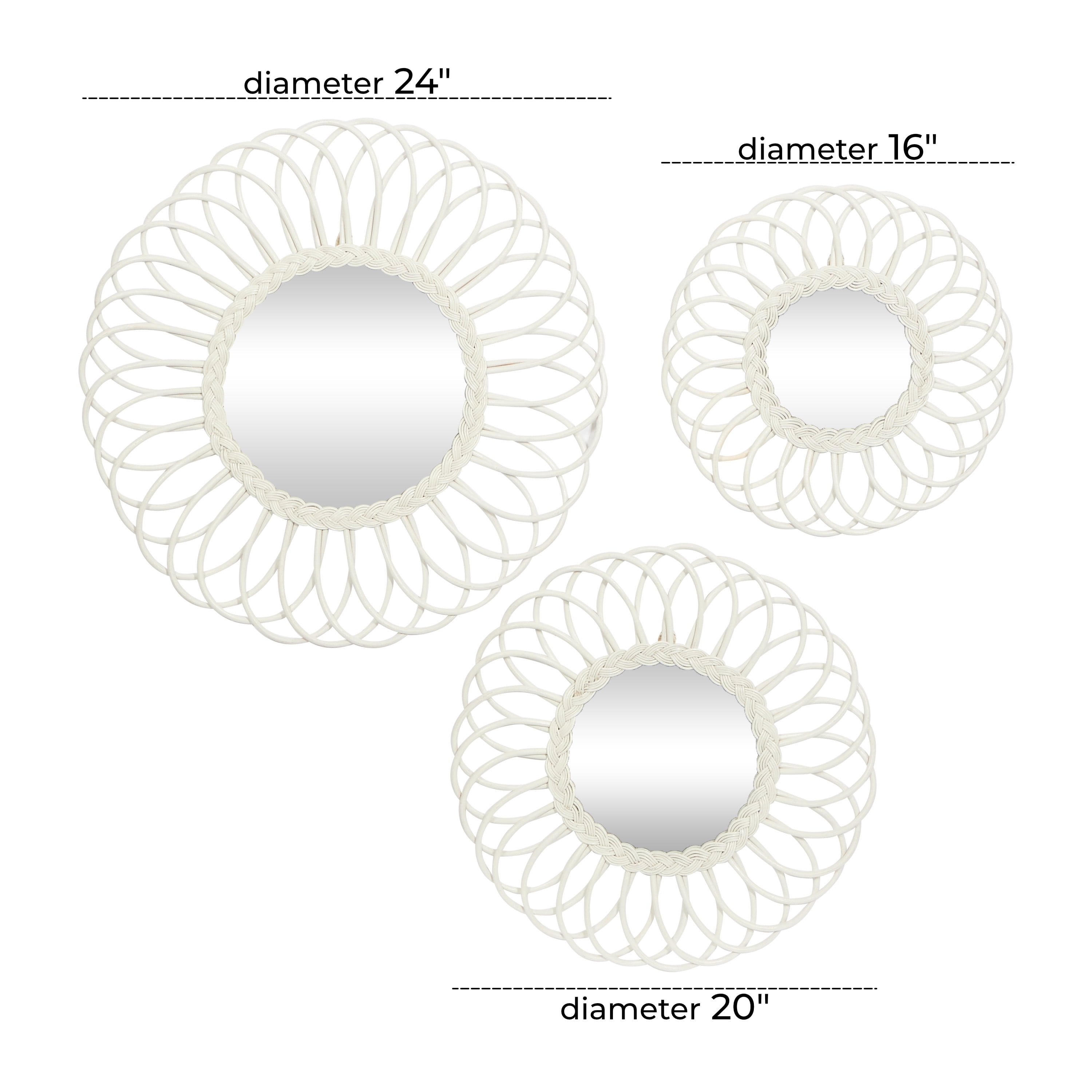 DecMode 24", 20", 16"H White Starburst Wall Mirror, Set of 3