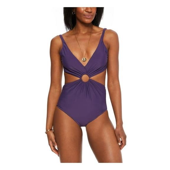 BAR III Women's Purple Ring Removable Cups Deep V Neck Monokini Swimsuit L