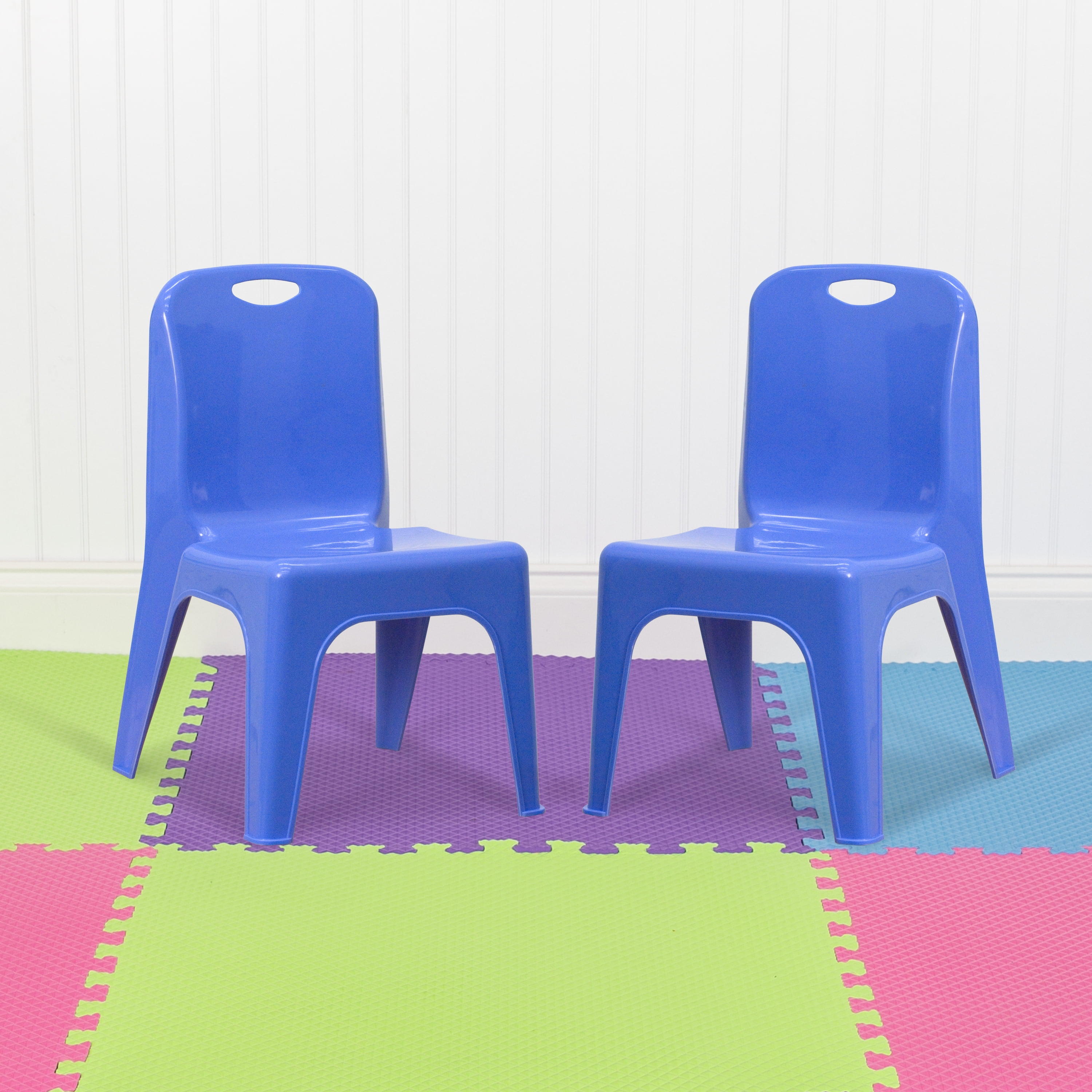 blue stackable plastic chairs
