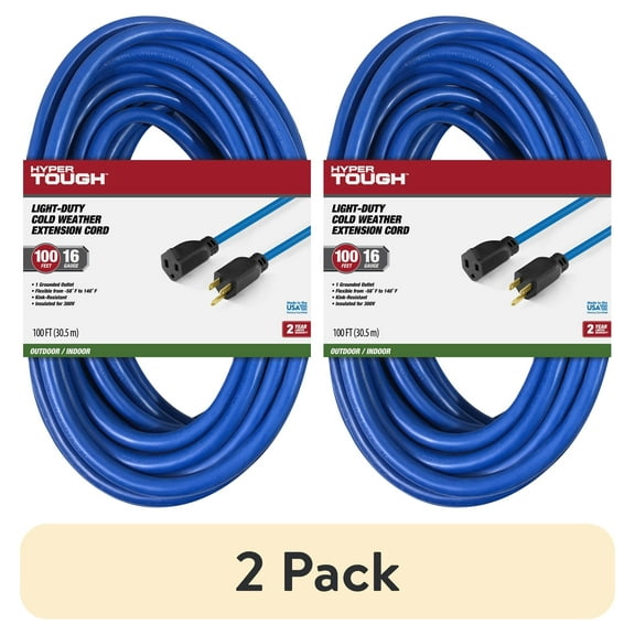 (2 pack) Hyper Tough 100FT Indoor/ Outdoor Extension Cord, 16 AWG, Single Outlet Light-Duty Cold Weather Extension Cord, Blue