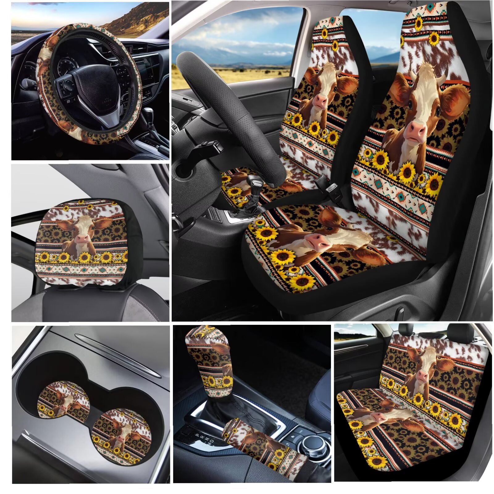 Garronmavis Aztec Highland Cow Sunflower Car Accessories Set with Steering Wheel Wrap Gear Shift Cover Handbrake Sleeve Headrest Protectors Cup Coasters Lightweight Auto Accessiores Universal Fit