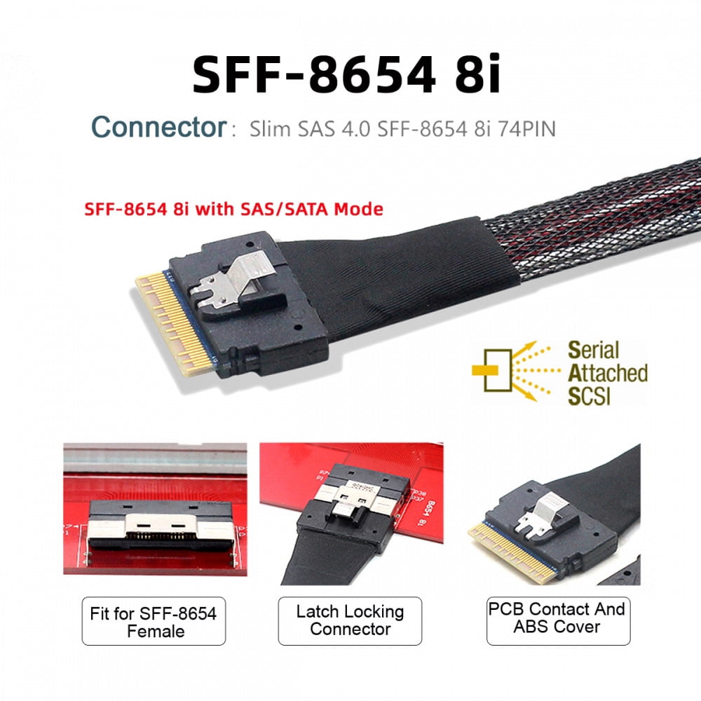 FVH 100CM Slimline SAS 4.0 SFF-8654 8i 74pin Host Raid to 8 SATA 7pin Target Hard Disk Fanout Raid Cable 1-to-8 Splitter