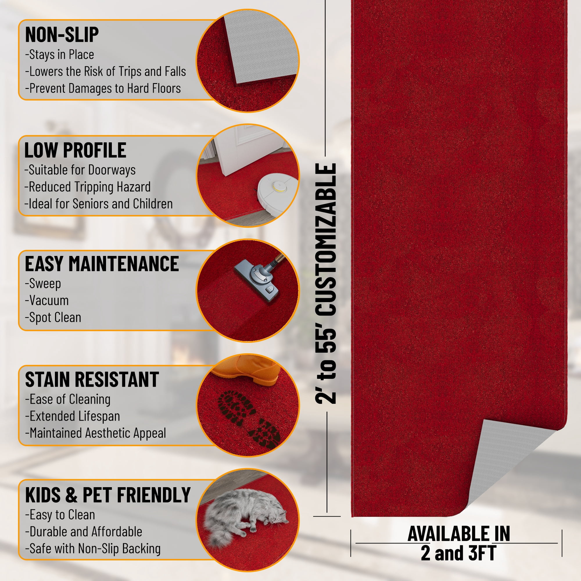 Ottomanson Extra Long Hallway Runner Rug 3x31 Non-Slip Rug for Kitchen or Bedroom, 2'7" x 31', Red