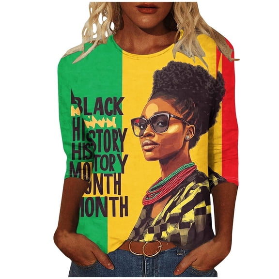 Womens Tops Casual T Shirts Black Month African Celebration Blouse Tshirt 3/4 Sleeve Crewneck Plus Size Outfits