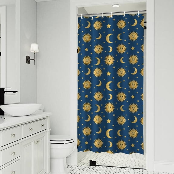 Blue Sun Moon Star Pattern Shower Curtain 36"x72" ,Bathroom Decorative Shower Curtains Set with 12 Hooks,Modern Waterproof Washable Shower Curtain