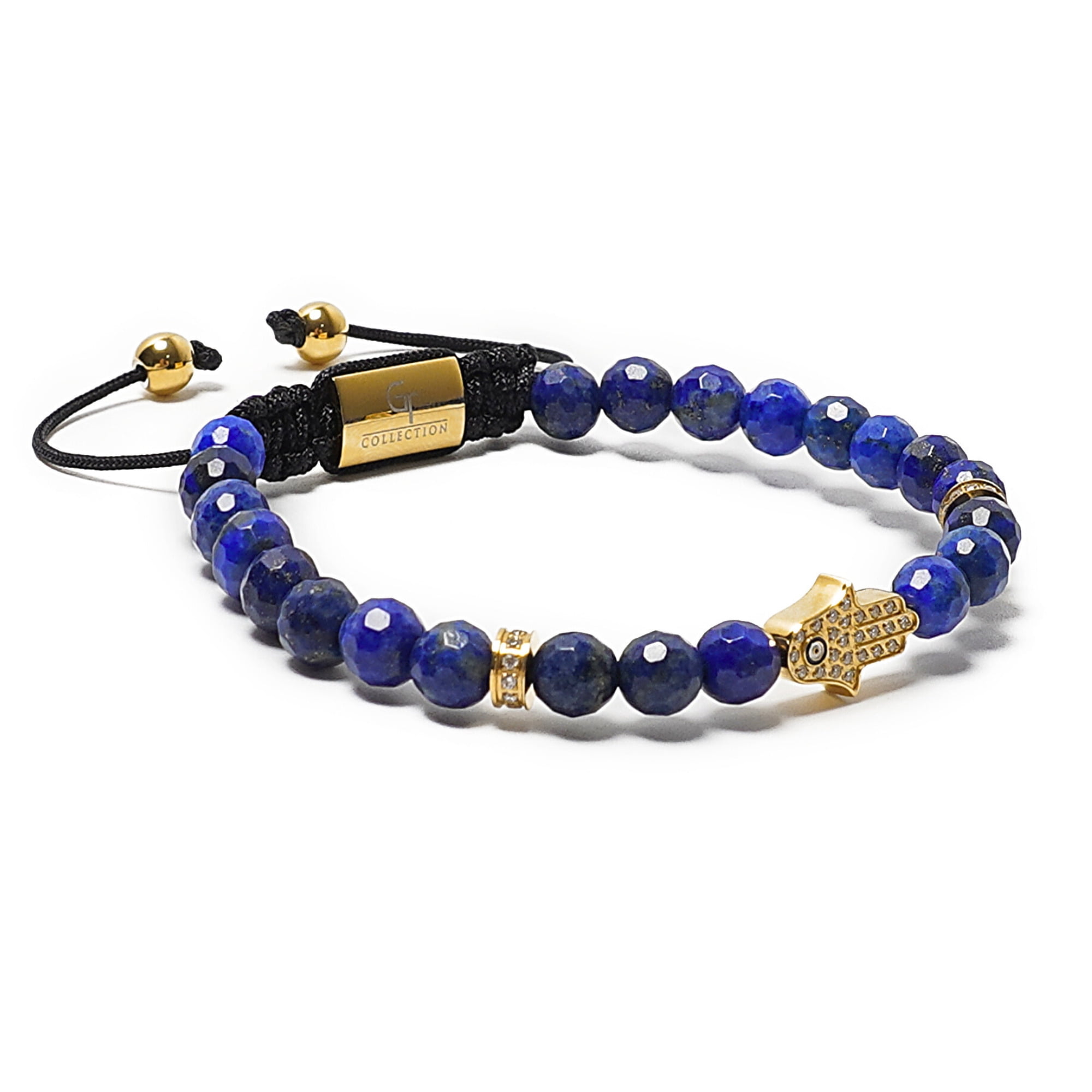 Men's LAPIS LAZULI Bracelet with Golden HAMSA Hand | Gift for Men | One Size Fits All | 100% Natural | Gemstone Adjustable Bracelet