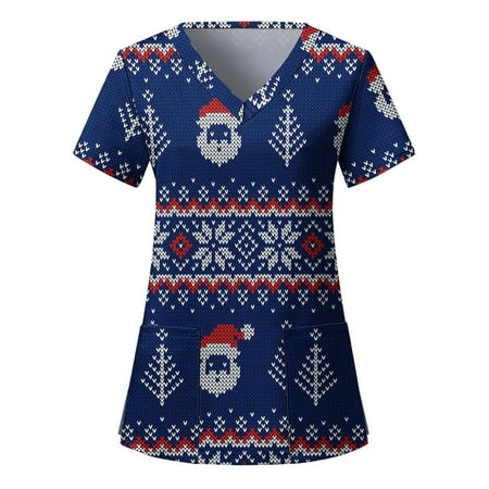 

Santa Claus Printed Working Uniform Ladies Casual Christmas Print Short Sleeve Pocket Loose Top Workwear Scrubs Uniform Nurses