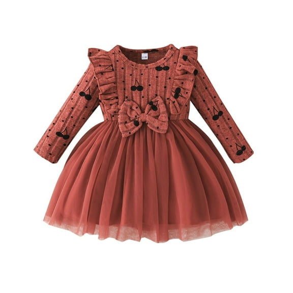 Odeerbi Infant Girls Cotton Rib Knit Tulle Dresses Fashion Cute Round Neck Long Sleeve Dress Bow Cherry Print Dress Infant Girls Clothes