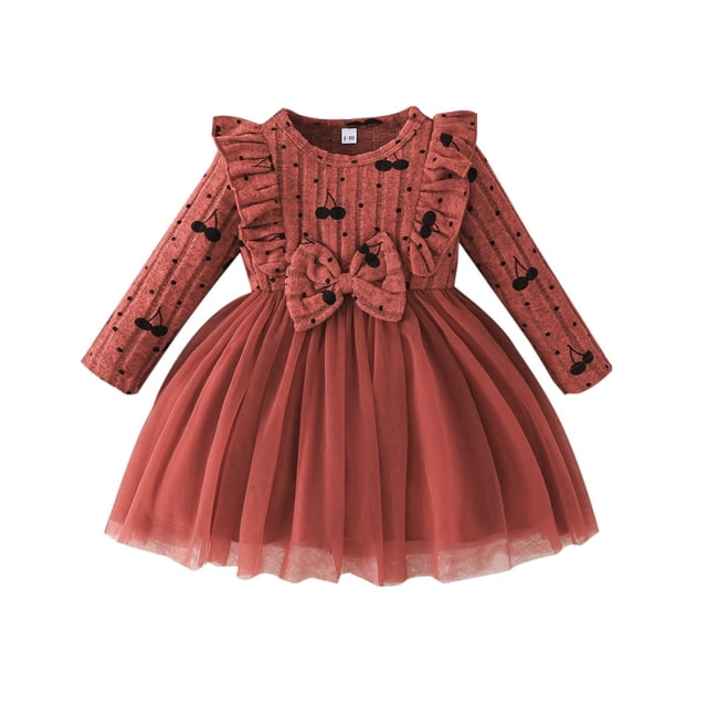 Odeerbi Niñas Algodón Rib Knit Vestidos Tul Cuello Redondo Manga Larga Vestido Lazo Impresión Cereza Vestido