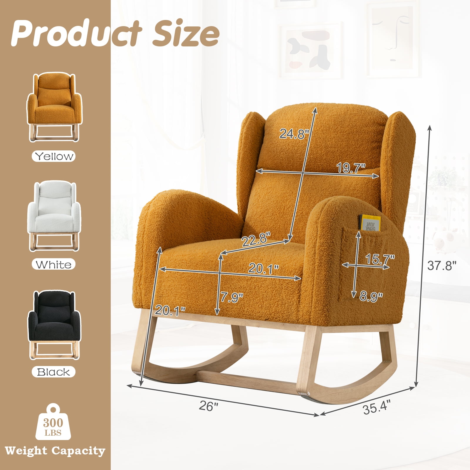 Lunale Indoor Rocking Chair, Upholstered Accent Rocker Chair with Wood Legs, Yellow Teddy
