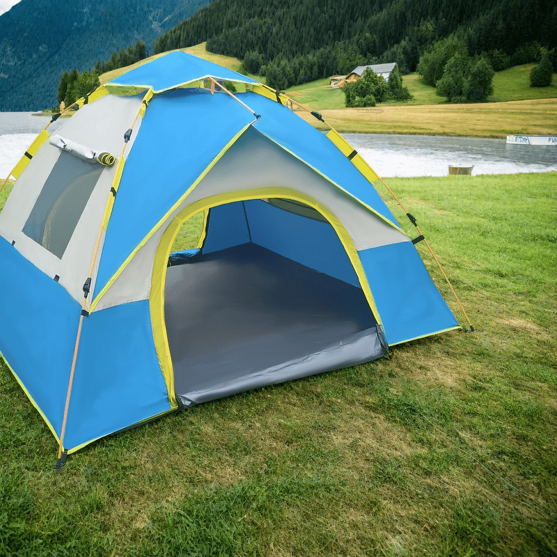 4-Person Camping Tent with Sun & Rain Protection, Quick Setup, Mesh Screen & Removable Ceiling, Reinforced Design for Outdoor Adventures and Family Use, Blue