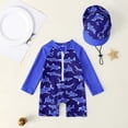 thumbnail image 3 of Rggeeun Boys Child Swimsuit Set 2Pc Cartoon Animal Pattern Long Sleeve Crew Neck Front Zipper Elastic Above Knee with Cover Up Hat for Summer Beach Play Graceful Beachwear,Blue,18-24 Months, 3 of 6