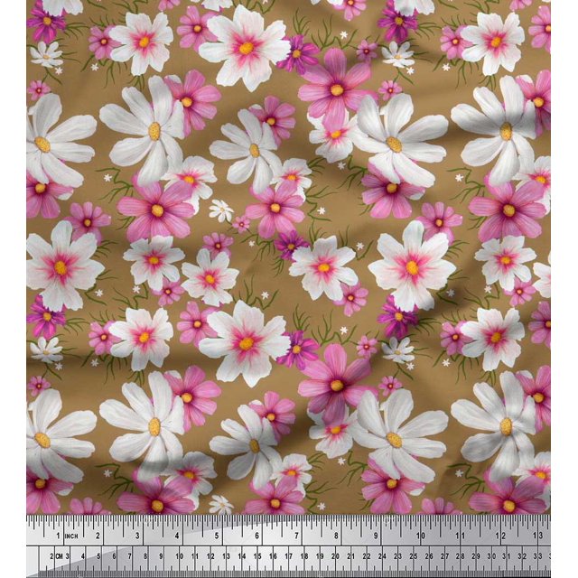 Soimoi Polyester Crepe Fabric Cosmos Floral Print Fabric by Yard 52 Inch Wide