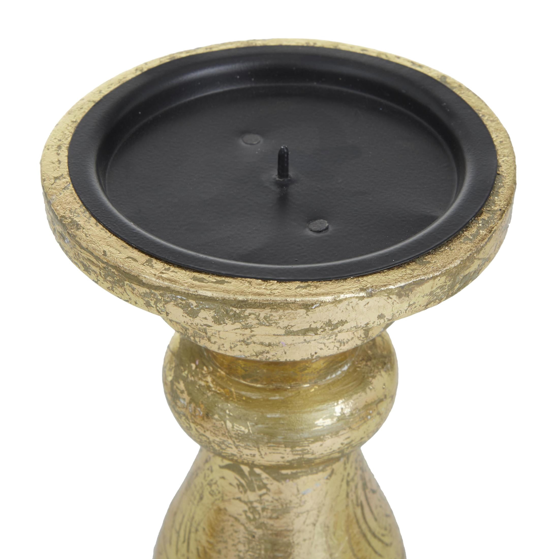 DecMode 3 Candle Gold Mango Wood Turned Style Pillar Candle Holder, Set of 3