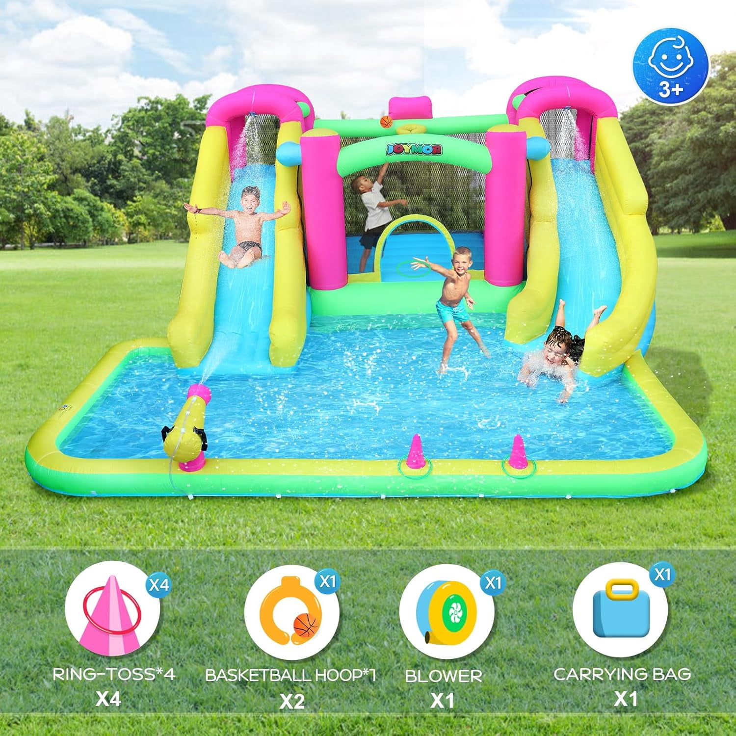 JOYMOR 8-in-1 Inflatable Water Slide Bounce House for Kids Backyard w/2 Slides, 2 Climbing Wall, Ring-Toss, Large Pool, 1min Blow Up Water Slide Includes 750w Air Blower, Storage Bag
