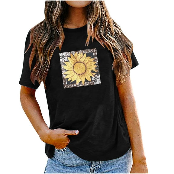 USSUMA Women's Tops Dressy Casual Summer Blouse Cute Juniors Graphic Short Sleeve T-Shirts for Women Trendy Sunflower Print Crewneck Womens Tunic Top Shirt Summer Beach